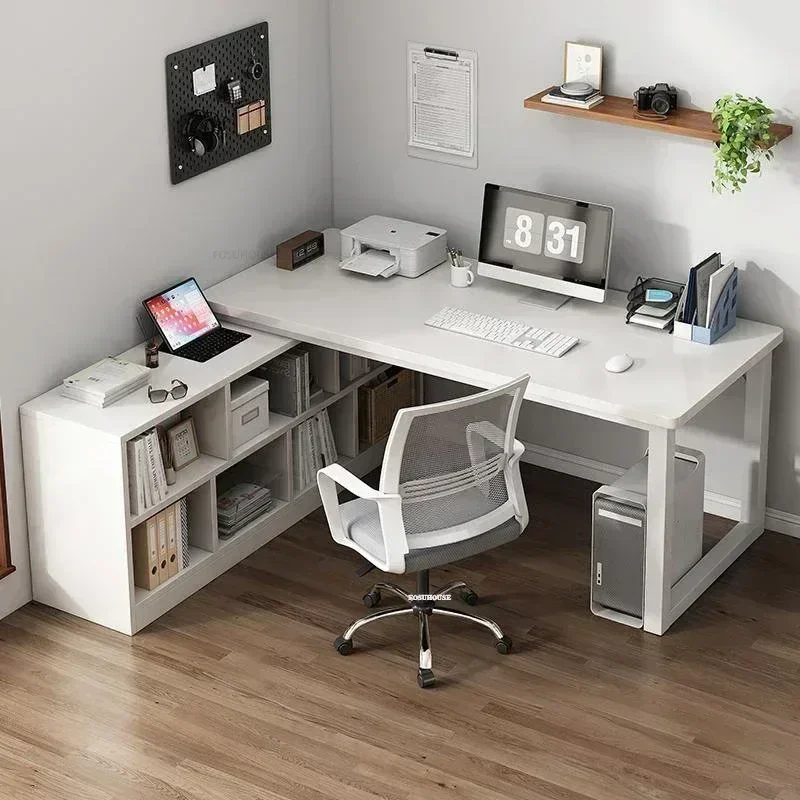 L-shaped Computer Desk Furniture New Wooden Corner Computer Desks Bookshelf Integrated Student Writing Desk with Storage Cabinet