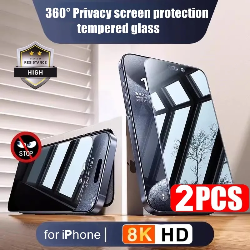 

2PCS 360° Privacy Tempered Glass for iPhone 15 14 13 12 11 PRO MAX PLUS Anti-Spy Screen Protectors for iPhone X XR XS Max Glass