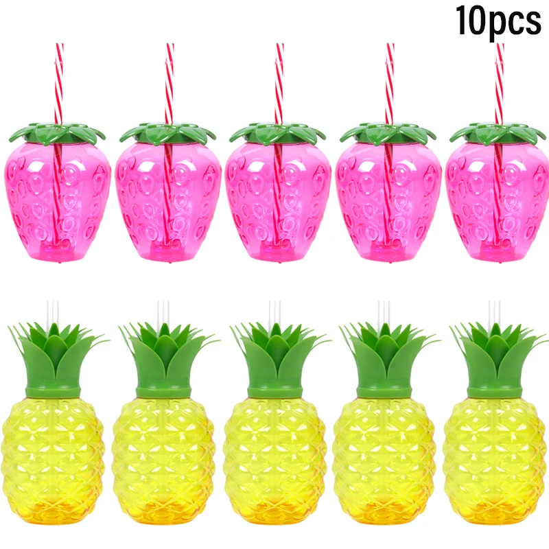 10pcs Plastic Strawberry Pineapple Drinking Cup with Straw Hawaii Party Decoration Luau Flamingo Summer Beach Pool Party Decor