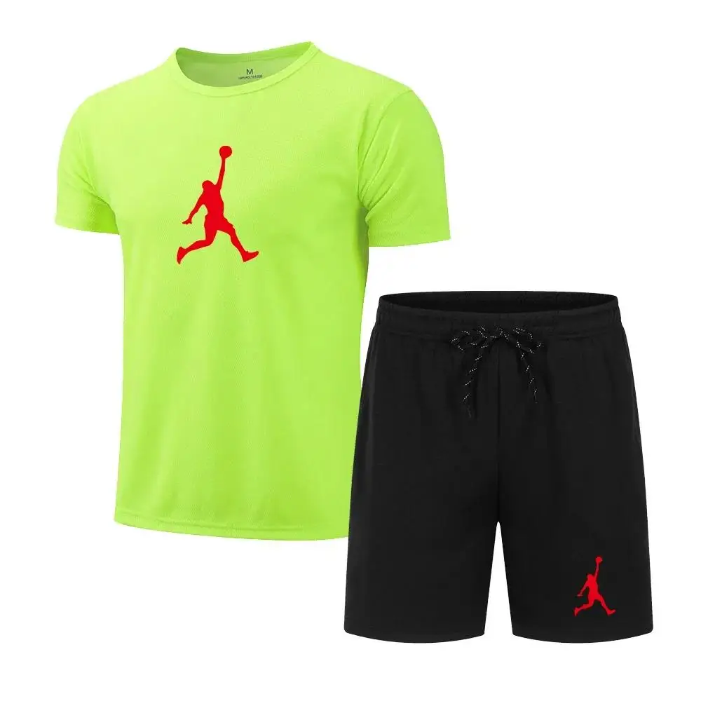Summer Popular Men's Mesh T-shirt + Shorts Suit Sports Print Casual Fashion Short-sleeved Jogging S-3XL
