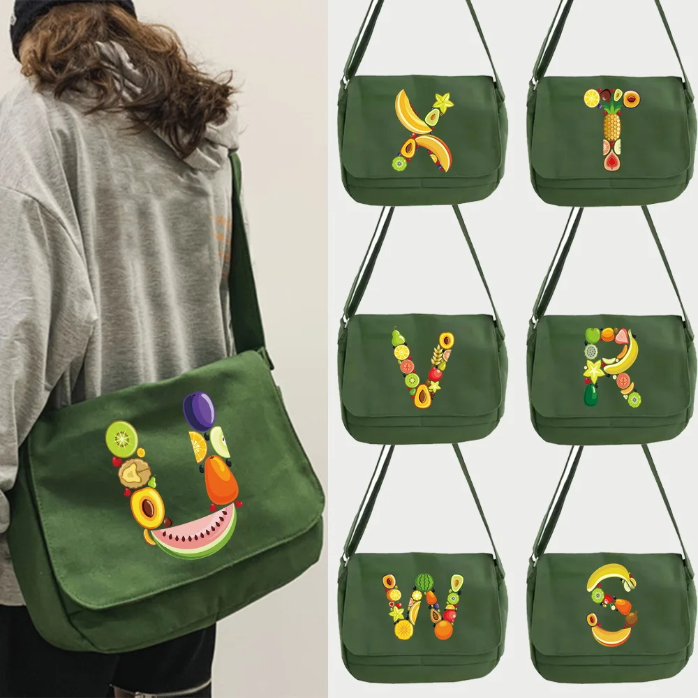 Women Canvas Messenger Bag Youth Ladies Fashion Fruit Letter Printed Shoulder Bag Student Large Capacity Female Crossbody Bags