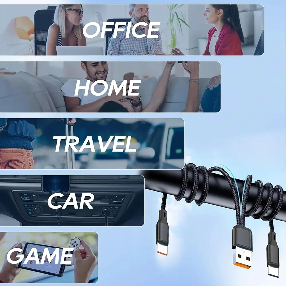 2 in 1 6A 듀얼 USB C 멀티 타입-C 분배기 케이블 고속 충전 고속 데이터 전송 나일론 코드 USB A to 타입 C 충전 케이블