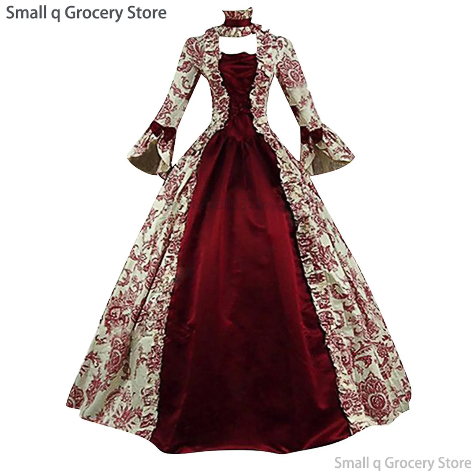 Women Lace-Up Medieval Dress Ruffles Bow Vintage Victorian Carnival Maxi Dress Patchwork Floral Female Fairy Long Dress 5