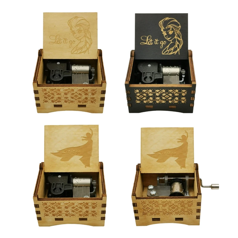 Elsa Wooden Music Box Let-It-Go Laser Engraving Clockwork Type Hand-operated Type Home Decoration Gift