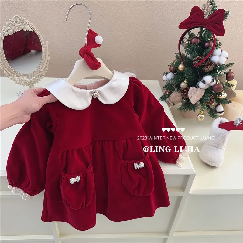 

Children Girls Plus Velvet Dress Autumn Winter 2024 New Year Princess Knotbow Baby Girl Dress Long Sleeve Toddler Girls Dress