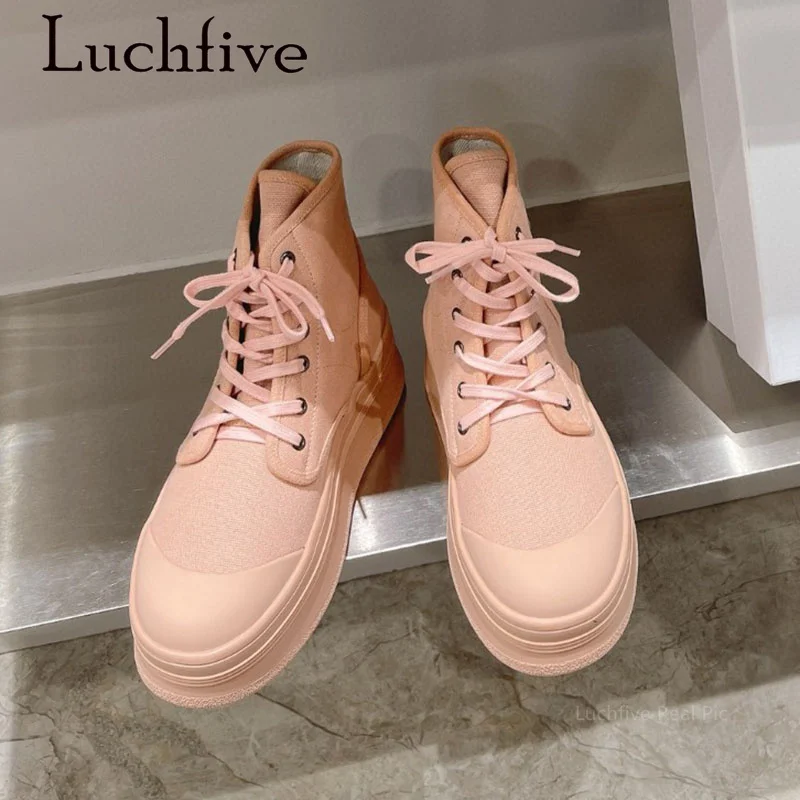 

2023 High Quality New Autumn Canvas Platform Women Short Boots Round Toe Lace Up Shoes Brand Casual Fashion Boots Walking Shoes
