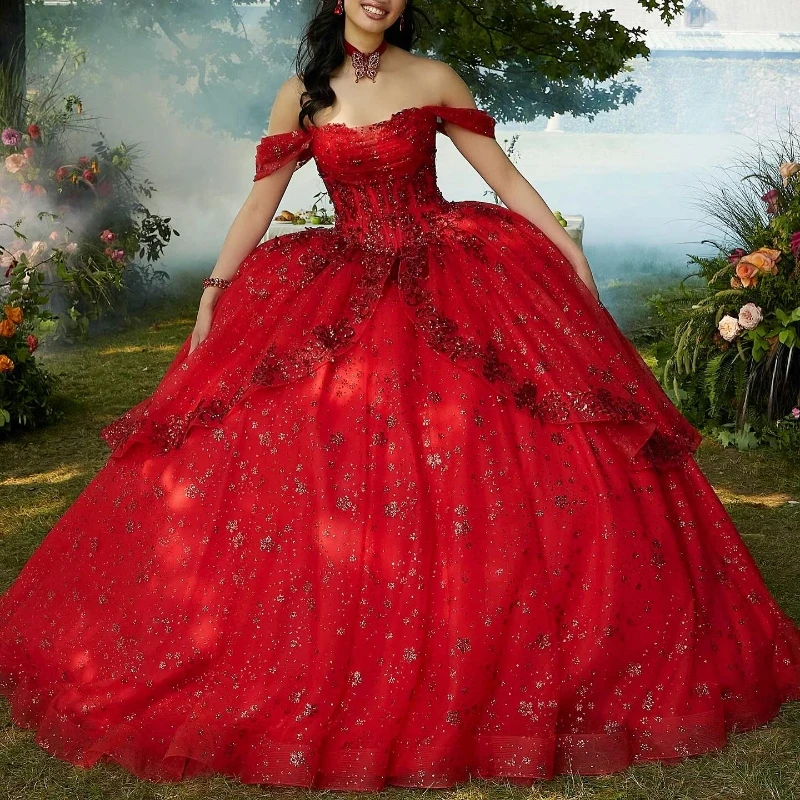 

Luxury Red Shiny Quinceanera Dress 2024 Ball Gown Princess Chapel Train Flower Applique Sweet 15 16 Birthday Party Gown Pageant