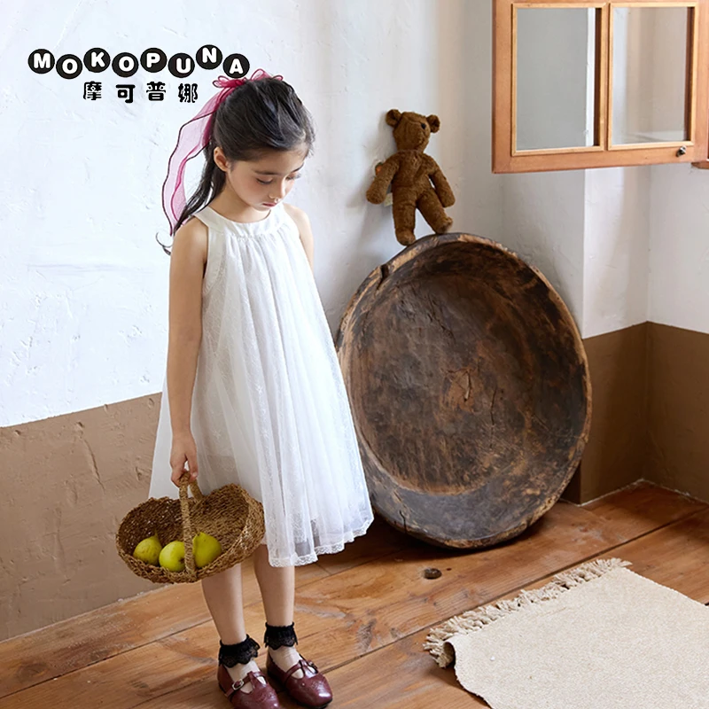 

MOKOPUNA Children's Dresses Girls Mesh Dress White Round Neck Sleeveless Mesh Princess Dress Holiday Wedding Dress Vestidos
