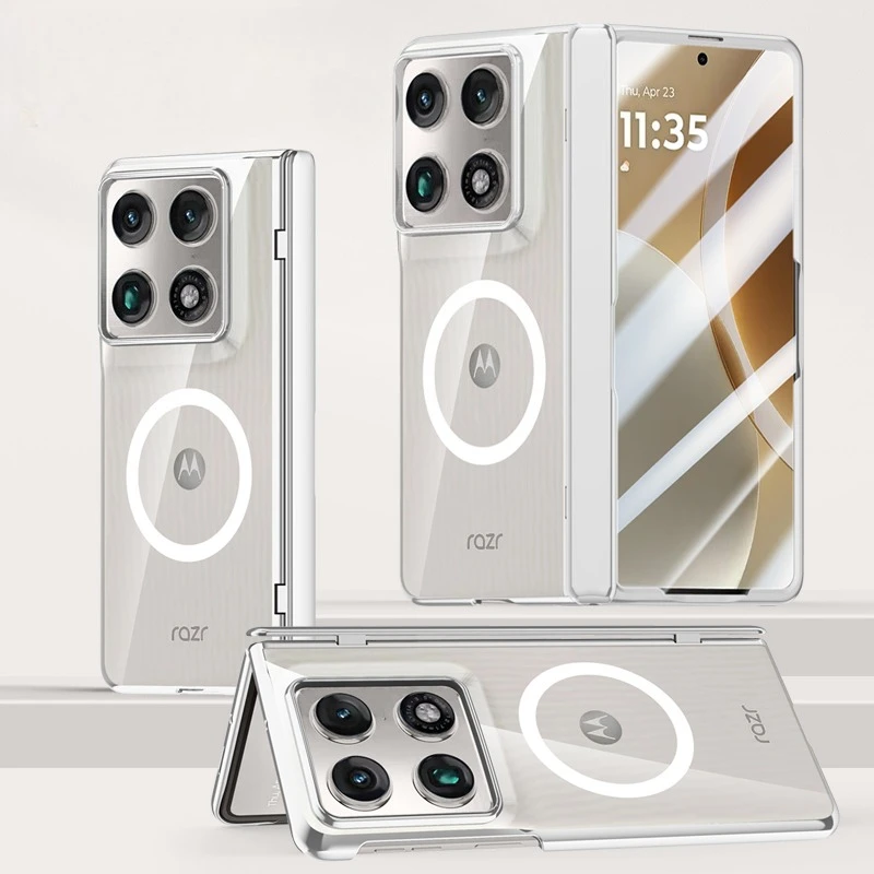 Magnetic Electroplated Foldable Phone Case with Hinge Protection, Kickstand, and Tempered Glass