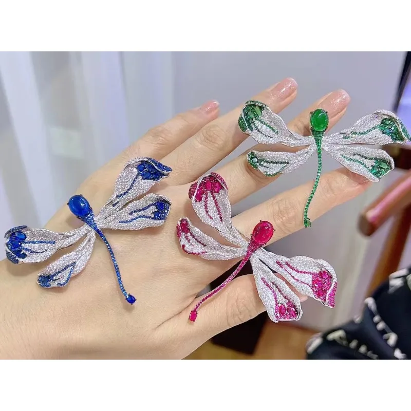 

Ruihe New Arrival Handmade Dragonfly Brooch 925 Silver Blue Red Green Color Cubic Zirconia Gemstone Jewelry Brooches for Women