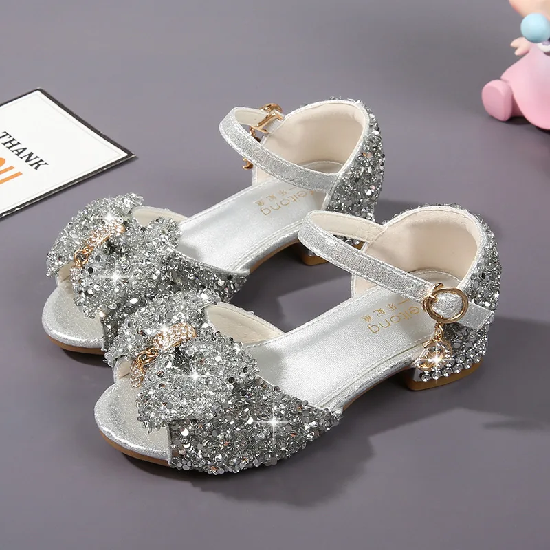 

New Girls Sandals Rhinestone Bowknot Princess Wedding Party Dress Shoes Fashion Kids Crystal High Heels Children's Dance Shoes