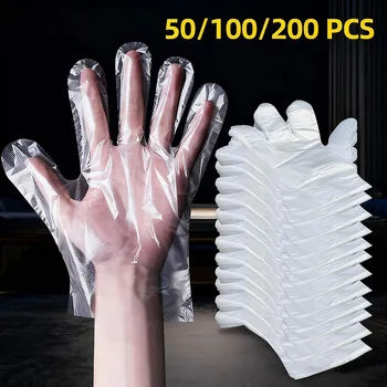 50/200Pcs Disposable PE Gloves Food Grade Transparent Plastic Gloves For Cooking Kitchen Restaurant Cleaning Household Food Safe