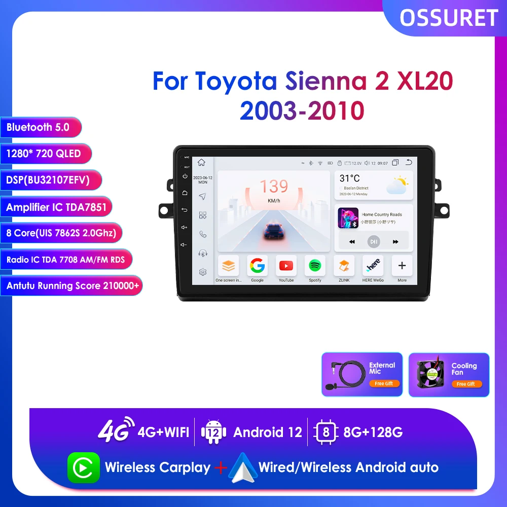 

Ossuret 9" Wireless Carplay Android Car Radio Multimedia Player for Toyota Sienna 2 XL20 2003 - 2010 2din Stereo Navi GPS RDS 4G