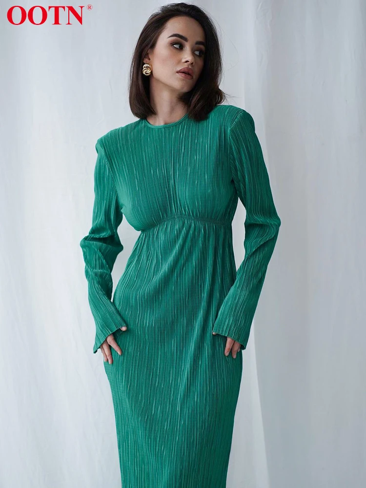 OOTN Luxury Elegant Dresses Women Pleated Summer Party Dress Lady Slim Long Sleeve Midi Evening Stretch 2022 Robe Femme | Женская одежда