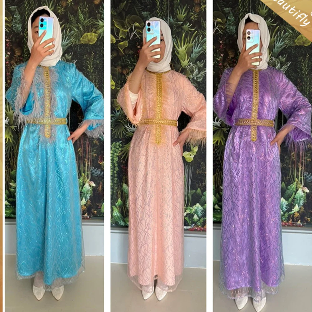 

Ramadan Islamic Dress Kaftan Elegant Dubai Women's Solid Color Belt Elegant Abaya Muslim Sequin Embroidered Women Feather Dress
