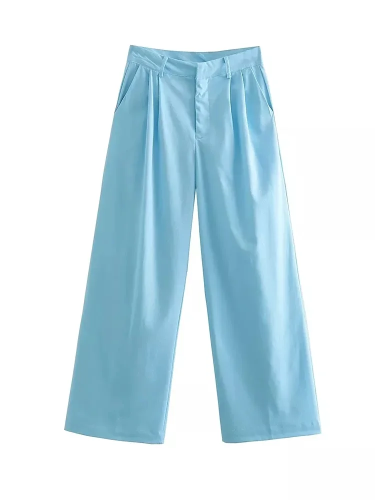 Women Blue Pants 2 Pieces Sets Fashion Linen Vest Tops+Straight
