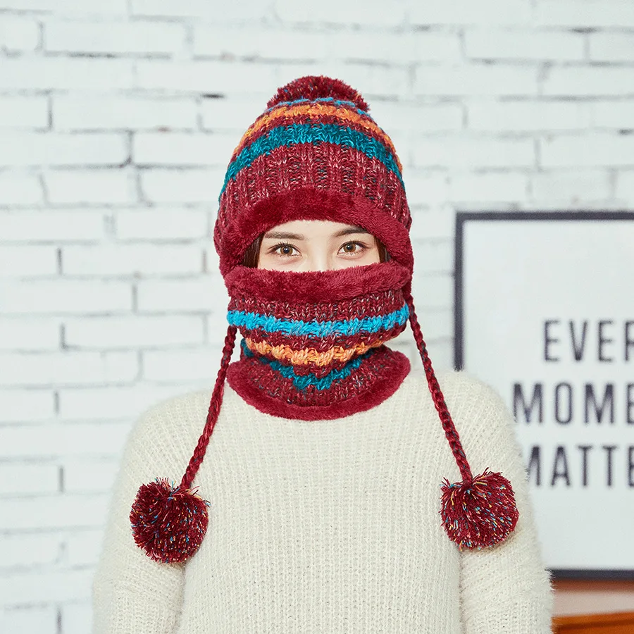 

Hat Scarf Autumn Winter Hundred Hershey Warm Sleeve Knitted Wool Colorful Twisted Three-Ball Ear Protection Woolen Hat and 2pcs