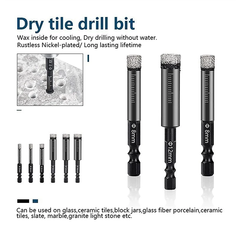 

Granite Vitrified Tile Hole Opener Diamond Drill Bit Black 6-16mm Hexagonal Shank Brazed Dry Ceramic Tile Drill Bit