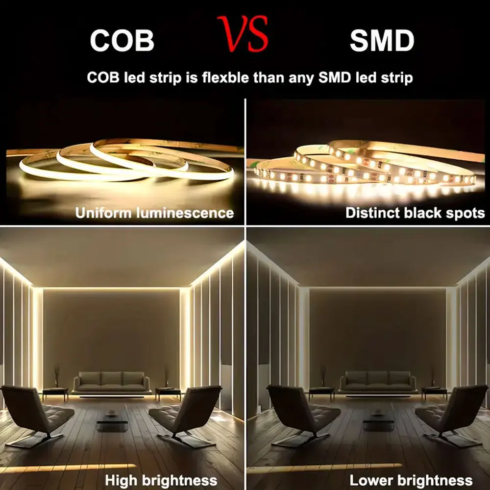 3mm COB 스트립 라이트, 조절 가능한 색온도(웜/화이트) 및 밝기 조절 노브 스위치 포함, TV 백라이트, 캐비닛용