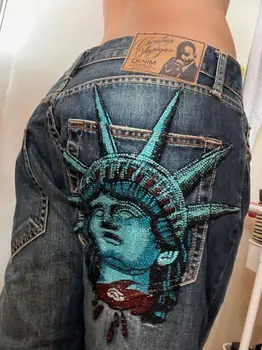 Y2k anni 2000 Statua della libertà Diamanti Jeans Pantaloni in denim casual Vita alta Jeans dritti a gamba larga Harajuku Abbigliamento donna vintage 1