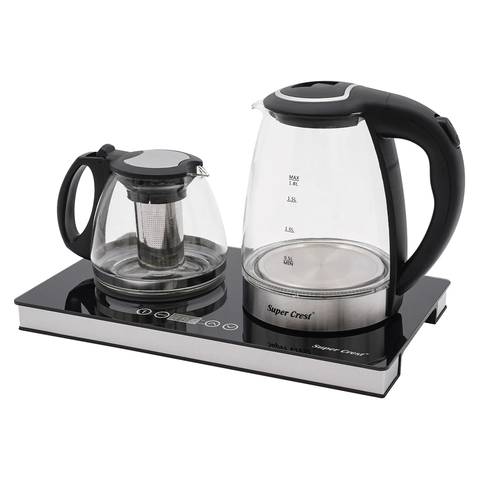 1500W Doppelflammiger Elektrischer Glas Wasserkocher 1.8L Wasserkocher + 1L Teekanne