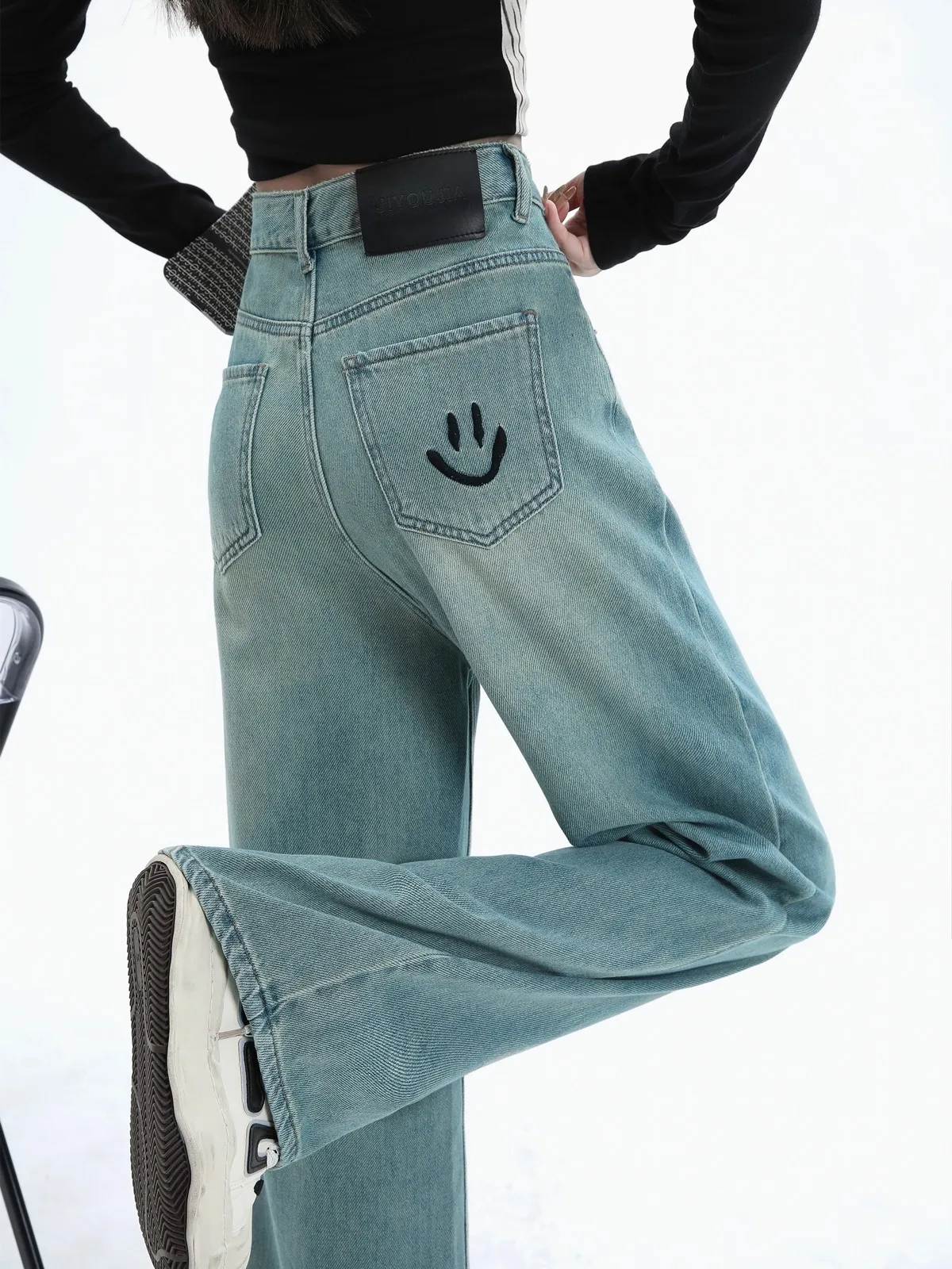 

ZHISILAO New Boyfriend Wide Leg Straight Jeans Women Casual Smile Print Full Length Denim Pants Spring 2024