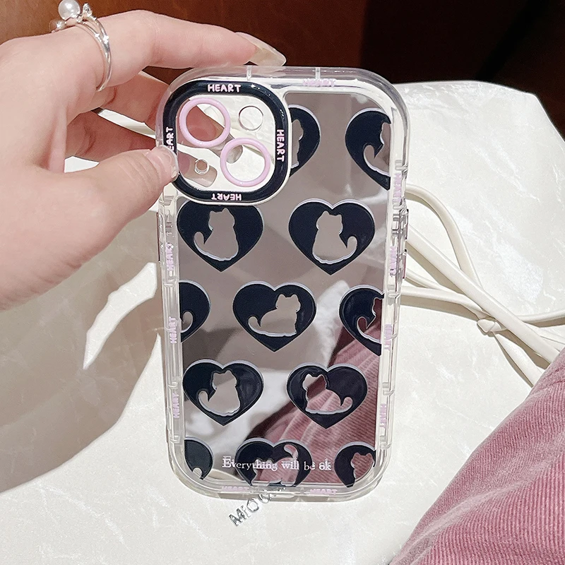 Cat Love Heart Silver Mirror iPhone Case