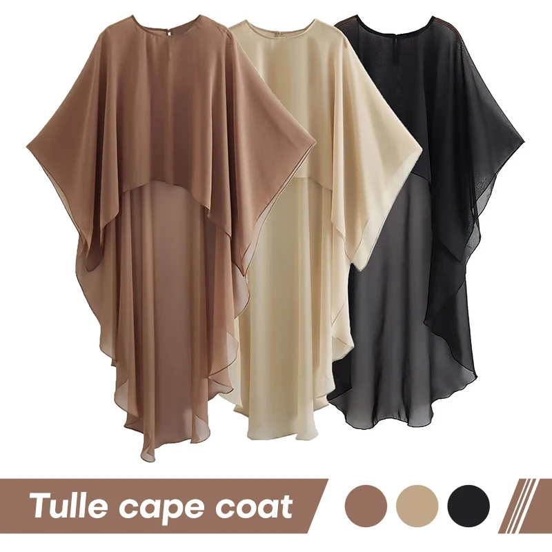 Women Summer Fashion Poncho Tops Asymmetric Tulle Cape Chic Coat Tops Lady Elegant Jackets Casual Loose Transparent Thin Coat women shirt blouse 2022 summer elegant office lady white ruffles fashion chic stand collar single breasted buttons female tops
