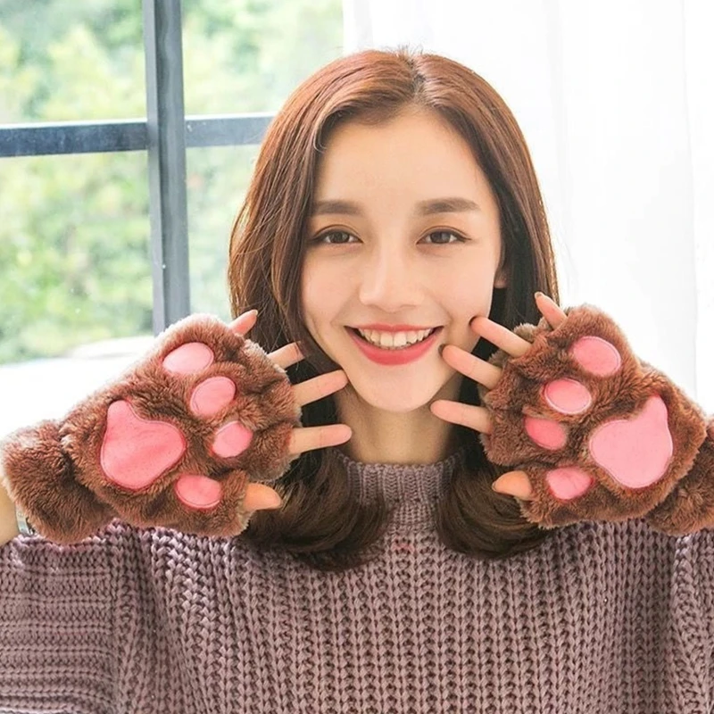 Women Winter Warm Half Finger Gloves Cartoon Paw Embroidery Anime Kitten Thicken Fuzzy Plush Fingerless Mittens fingerless gloves half finger gloves