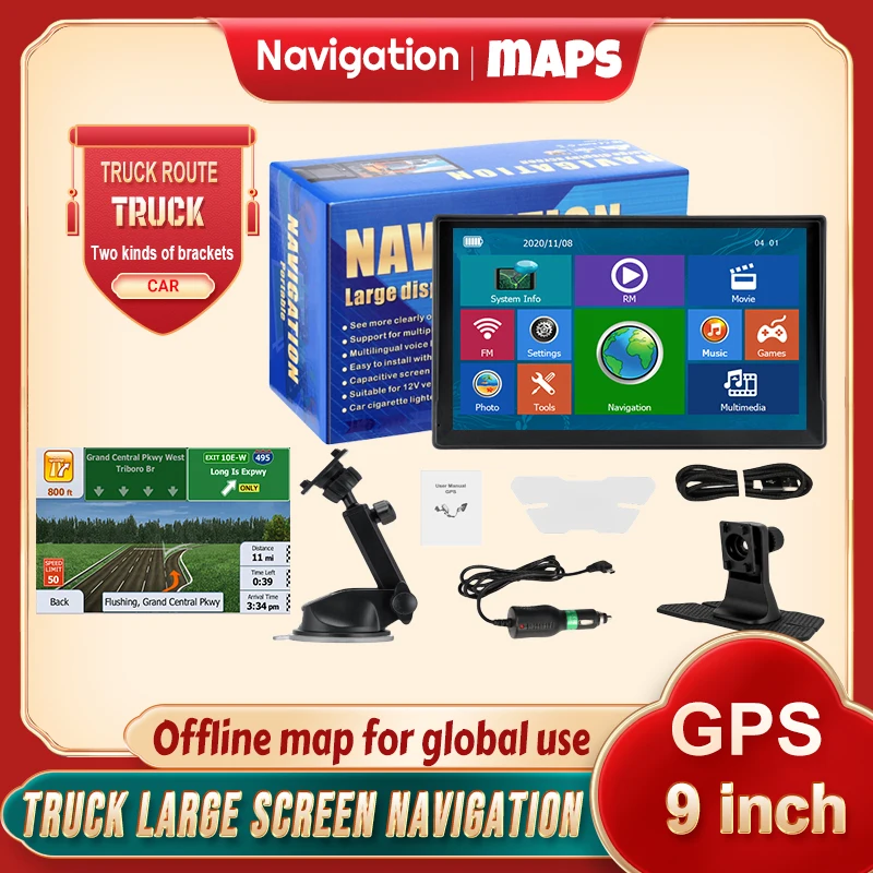 9 Inch GPS Navigation for Car Truck HGV SAT NAV Accessories Tools HD Navigator Free Update Europe North America Map 8GB FM