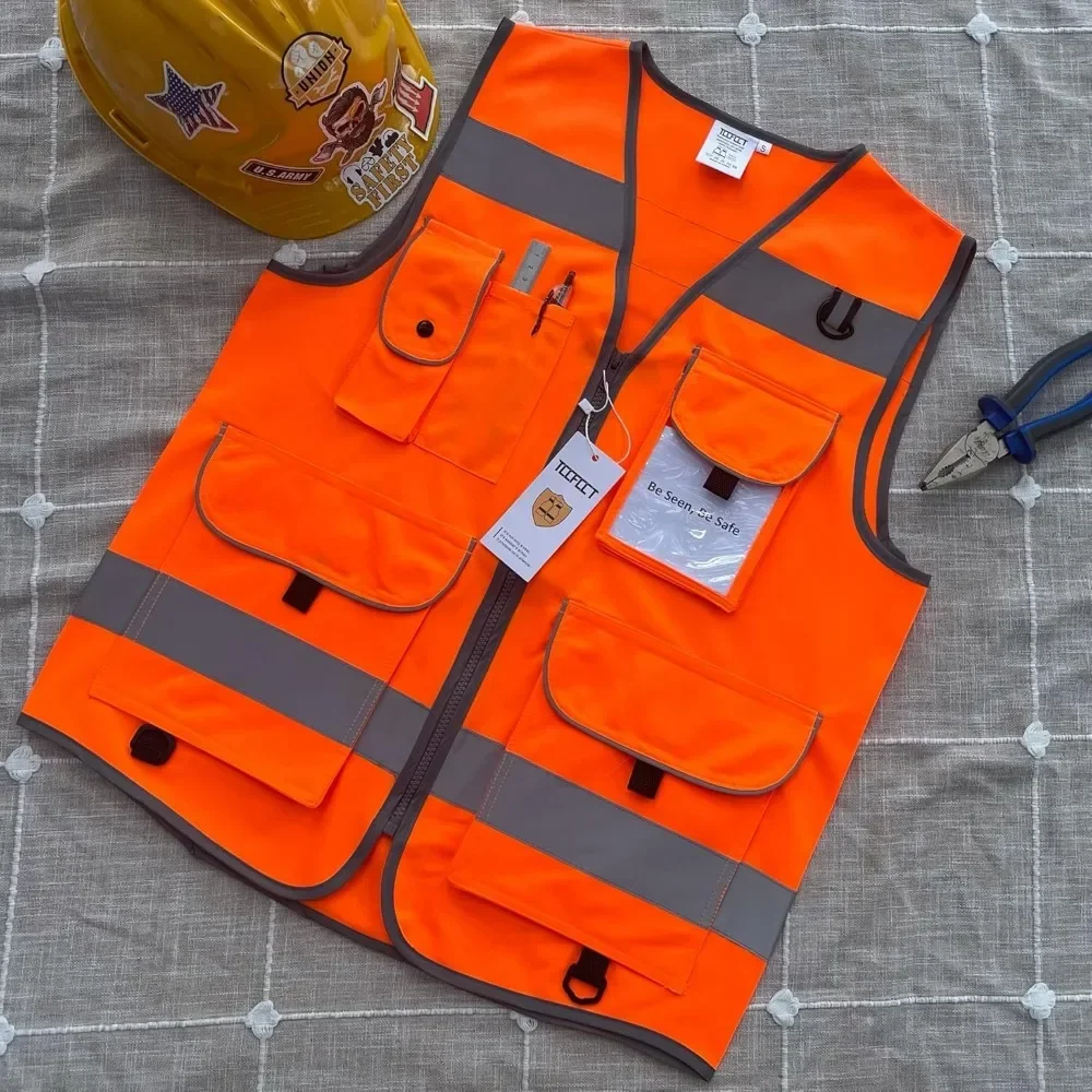 Orange Men's Safety Vest 9 Pockets High Visibility Reflective Vest with Reflective Strips Large Chalecos De Seguridad