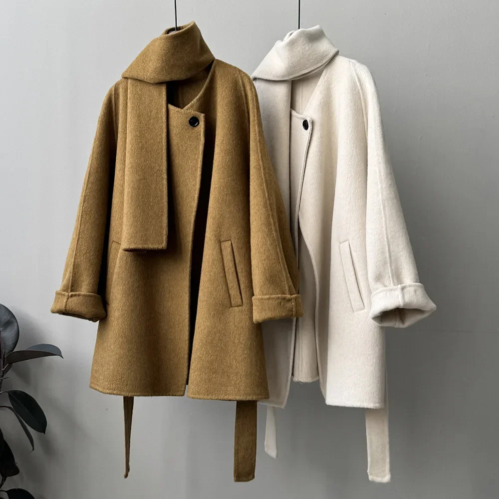 

SuperAen Korean Version Double-sided Woolen Coat for Women's 2023 Winter Scarf Tie Up Waist Length Woolen Coat