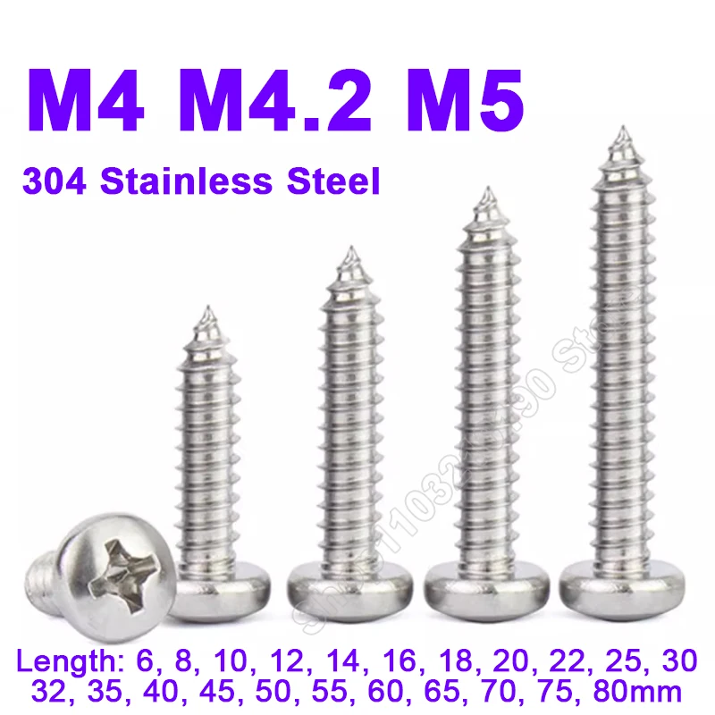 

M4 M4.2 M5 Small 304 Stainless Steel Cross Recessed Round Head Self-Tapping Screw Phillips Pan Head Wood Screws Length 6-80mm