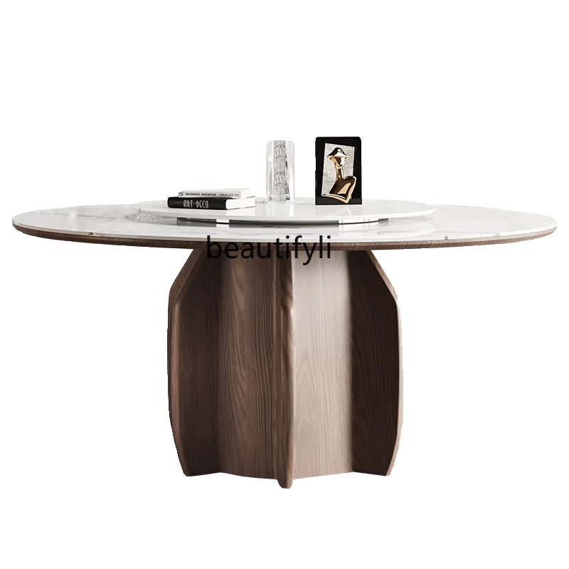 

Stone Plate Round Table Modern Minimalist Restaurant Home Dining Table and Chair Combination Solid Wood Round Table