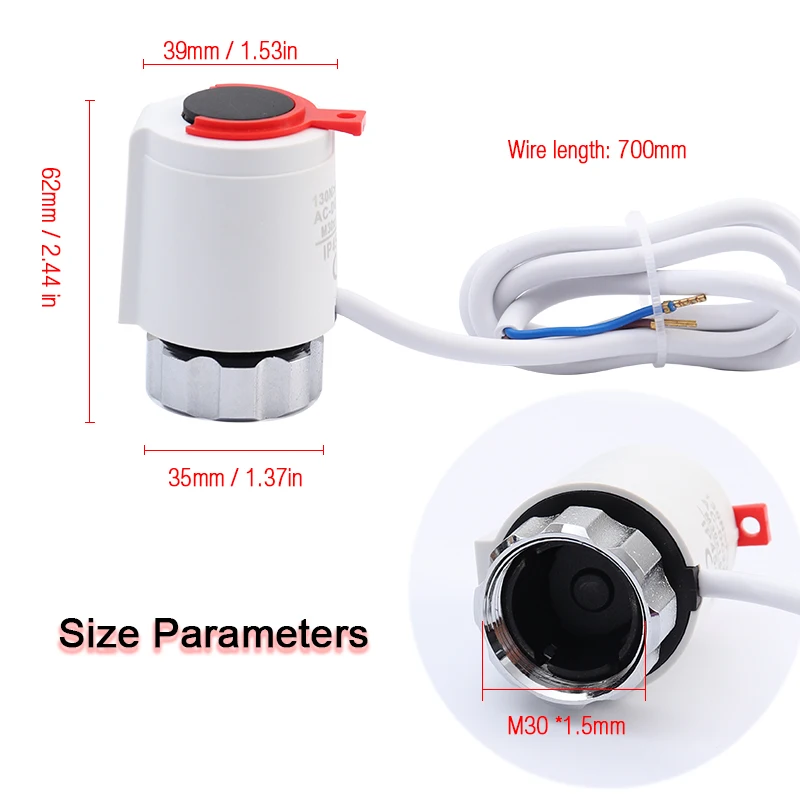 Actuador térmico eléctrico IP45 para calefacción por suelo radiante, válvula termostática TRV, CA 230V, normalmente cerrada NC M30 * 1,5mm