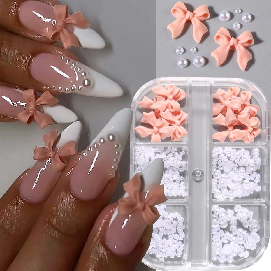 6Grids Ribbon Bow 3D Nail Art Decorations Resin Charms Butterfly Acrylic Flower Pearl Mixed Rhinestones Accessories Manicure