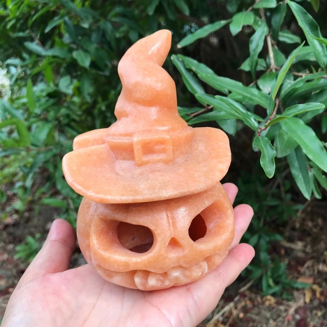 

Natural Sunstone Quartz Crystals Carved Pumpkin Lantern Lamp Jack-o-lanterns Halloween Festival Decorations Flash Base Hot Sell