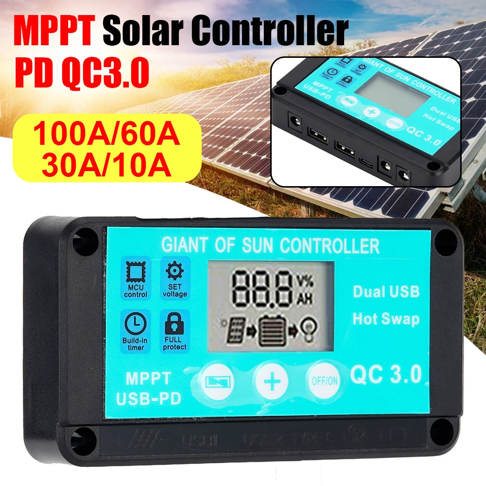 Mppt-controlador de Carga Solar 10100a 12v 24v Regulador Solar de Proteção Múltipla Tela Lcd Carregador de Bateria de Carregamento Rápido 3.0