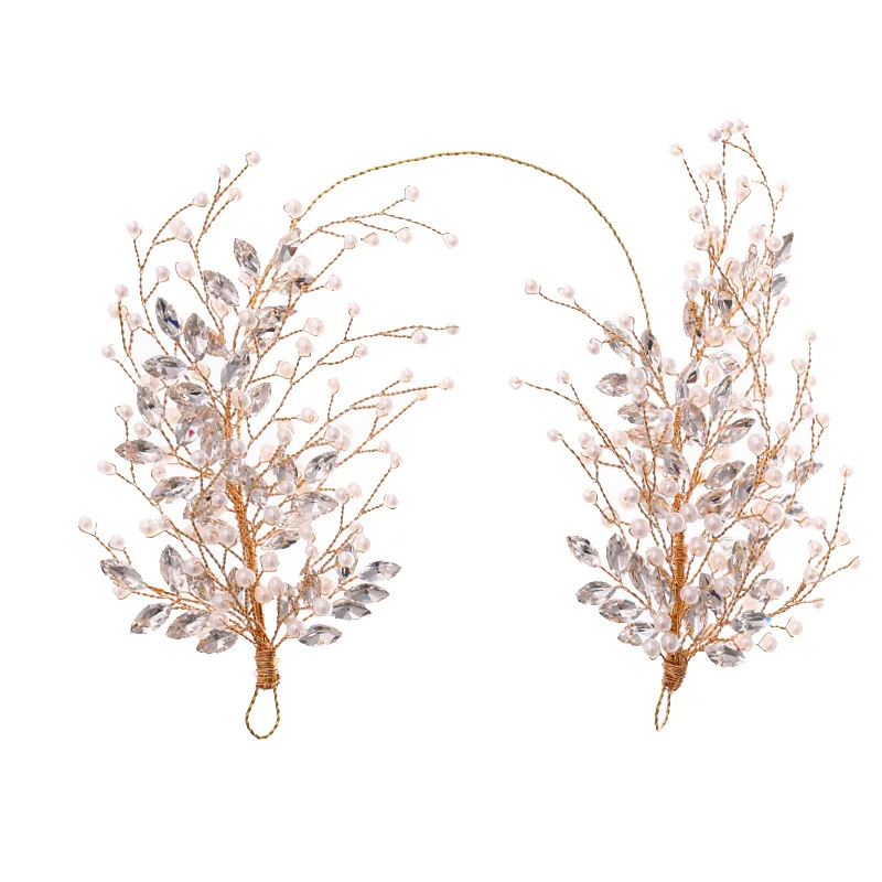 Hand Weave Pearl Headdress Copper Wire Rhinestone Bride Wedding Accessories Hair Band
