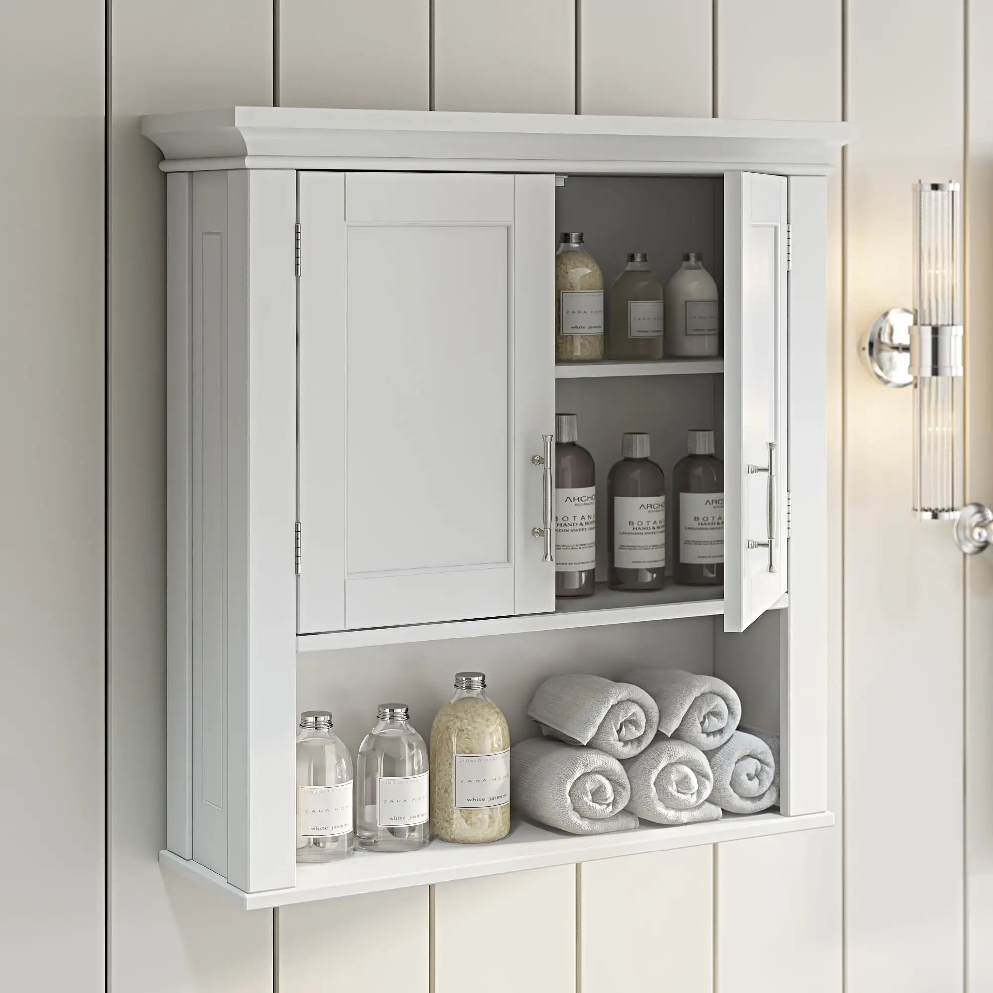 

RiverRidge Home Somerset Collection 2-Door Bathroom Storage Wall Cabinet with 1 Open Shelf and 2 Interior Shelves, White