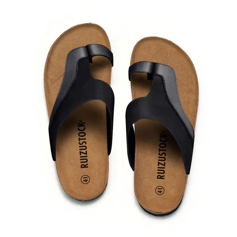 New PU Leather Cork Slippers Men Summer Classic Flat Shoes Male Fashion Outside Sandals Man Roman Non Slip Comfortable Slides