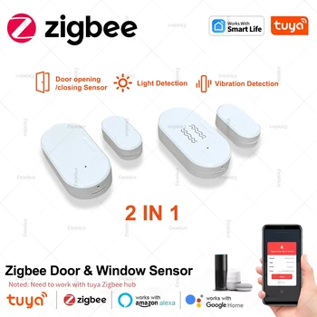 2 In 1 Tuya Zigbee Door Window Sensor With Lux Light/Vibration Sensor Home Security Alarm Door Detector Support Alexa Smart Life