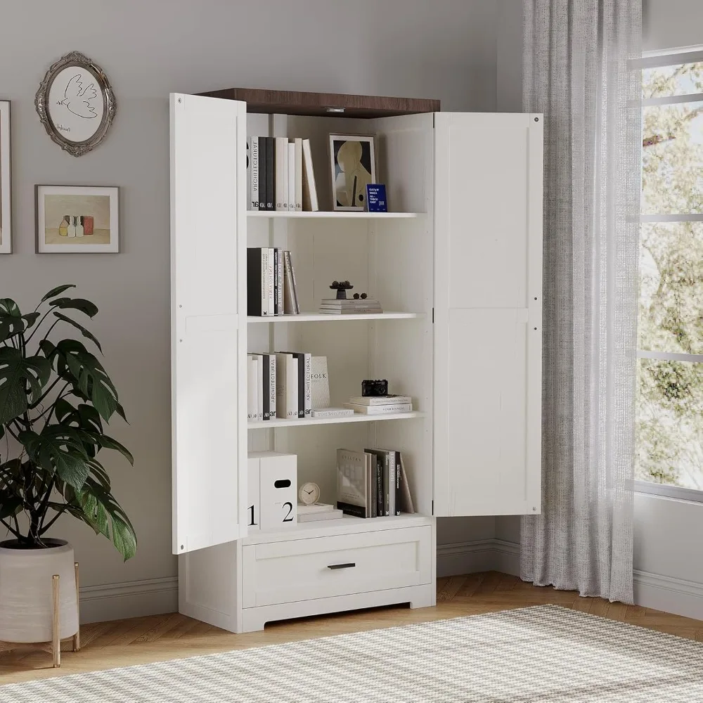 Farmhouse Kitchen Pantry Cabinet 72" Tall Wood Kitchen Storage Cabinets Adjustable Shelves 2 Barn Doors Drawer