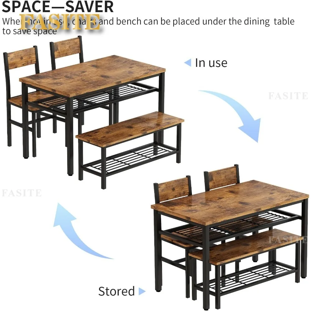4 Pieces Dining Table Set, Industrial Dining Table with Bench and Chairs for 4, Metal Frame, Kitchen Table Set with Storage Rack