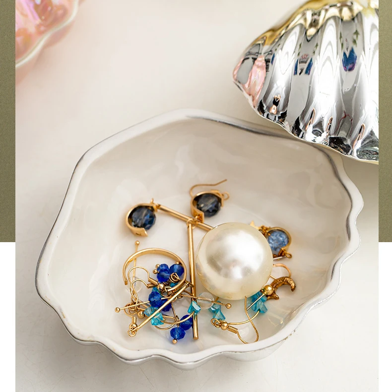 Pink Ceramic Shell Shaped Jewelry Storage Box Pearl Glaze Earring Necklace Holder Ladies' Dressing Table Hairpin Lipstick Box