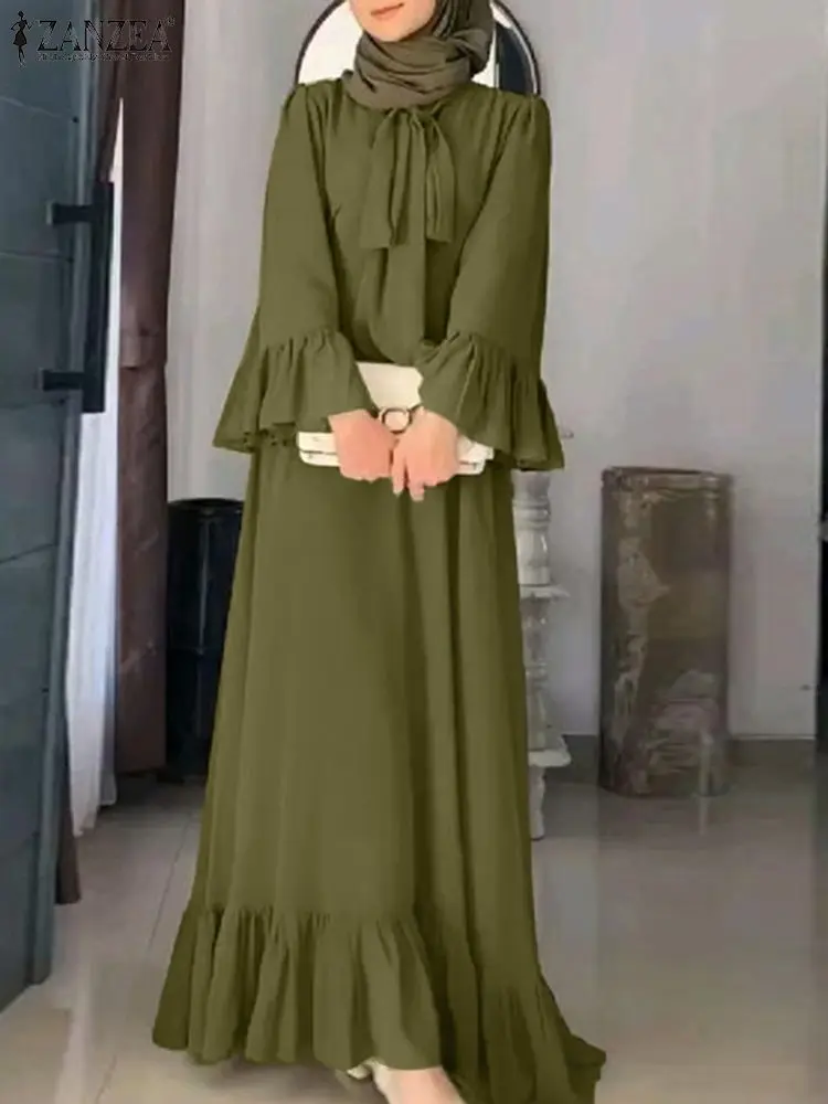

ZANZEA Muslim Eid Mubarek Fashion Dress Woman Vintage Long Sleeve Sundress Solid Lace-Up Maxi Robe Elegant Loose Party Dresses