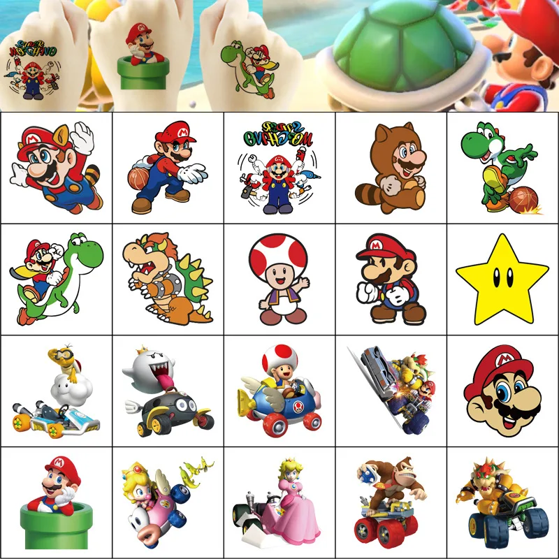 20Pcs Super Mario Tattoo Stickers Waterproof Cute Mario Bros Sticker Funny Cartoon Kids Girls Christmas Birthday Gift Reward Toy