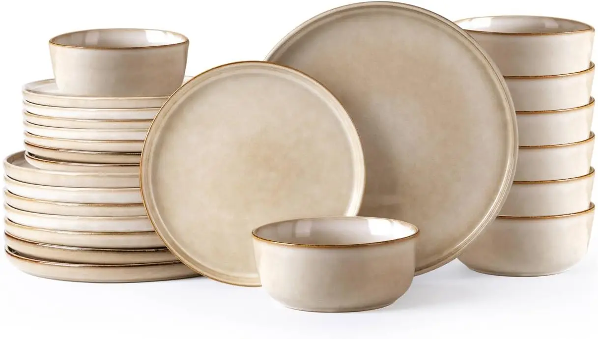 Dinnerware Sets,Round Reactive Glaze Ceramic Plates and Bowls Sets,Highly Chip and Crack Resistant Microwave
