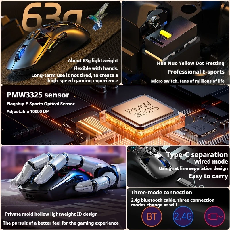 G17 Lightweight Tri-Mode Wireless Hollow Mouse Pmw3325 Professional Sensor Large Capacity Long Range Gaming Office