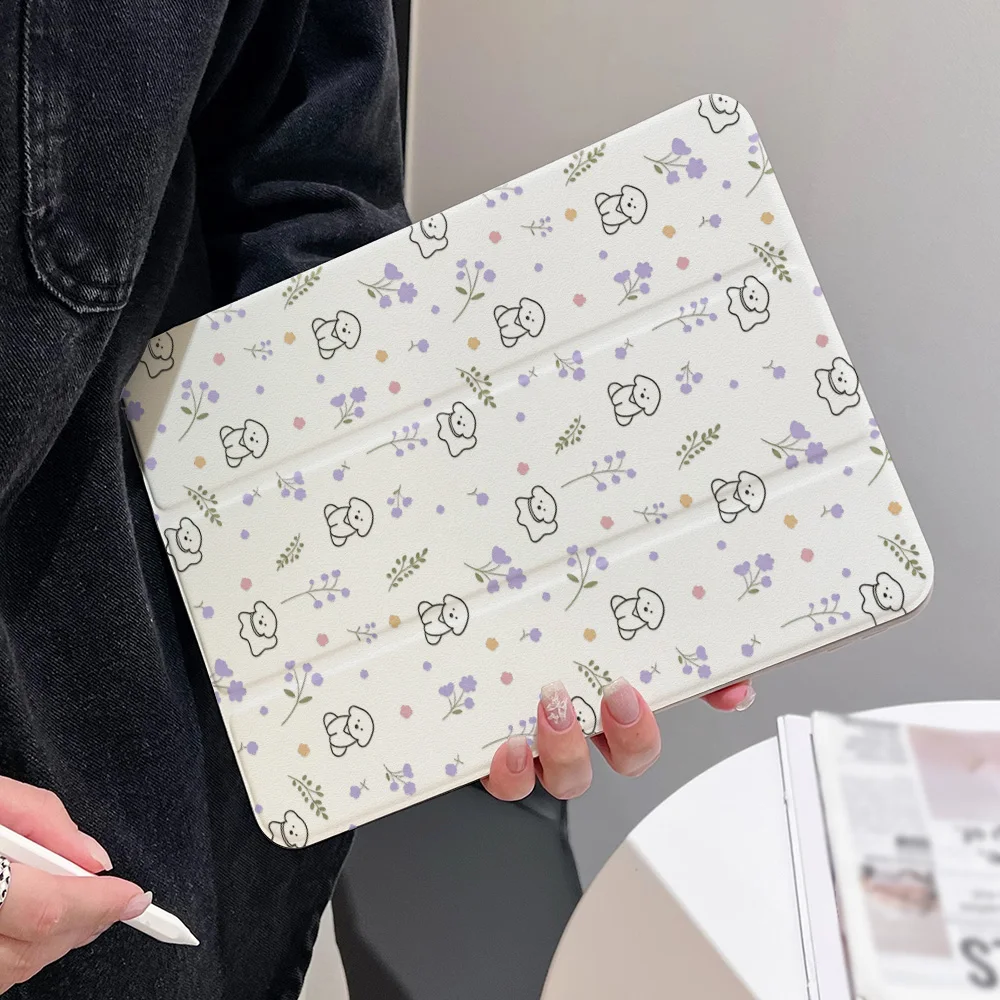 Purple Floral Puppy Tri-Fold Rotatable Drop-Proof Tablet Cover
